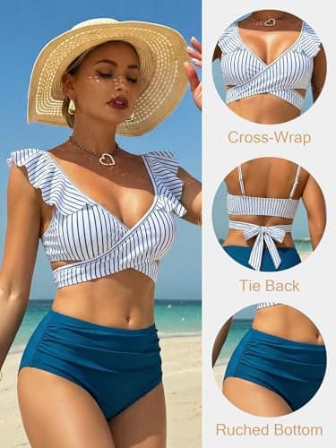 ZAFUL Swim Suit for Women 2025 Tummy Control High Waisted Bikini Sets with Bikini Bottom Stylish Cutout 2 Piece Push Up Bathing Suit Blue Striped M - Thumbnail 4