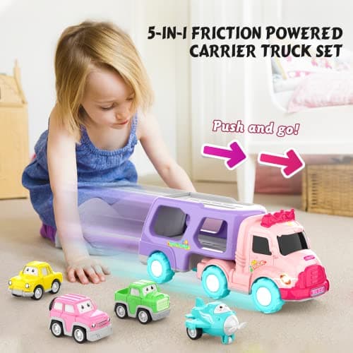 LASCOTON Toys for 1 2 3 Year Old Girl, 5-in-1 Carrier Truck for Toddler Girl, Friction Power Toy Cars with Light & Sound, Birthday Gifts, Pink - Thumbnail 3