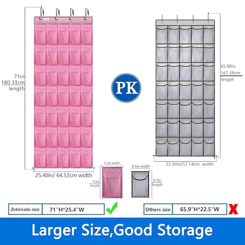 zebricolo over the door shoe organizer,2025 upgraded,35 Huge pockets,over door shoe organizer,Store size 13 shoes,shoe organizer,Strong material,hooks Suitable for various doors,pink shoe rack - Thumbnail 3