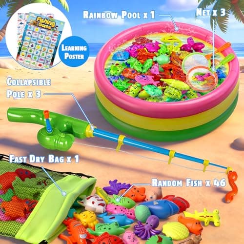 CozyBomB™ Magnetic Fishing Toys Game Set for Kids | Water Table Bathtub Kiddie Pool Party Pole Rod Net, Outdoor Plastic Floating Fish, Toddler Bath Color Ocean Sea Animals Birthday Gift Age 3-5 6 4-8 - Thumbnail 2