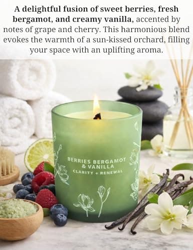 Berries Bergamot Vanilla Candle | 10.6oz Wood Wick Soy Scented Candle for Home | Aromatherapy Stress Relief Candle | Clean Burning, Long Lasting Candles | Self Care Gift for Women & Men - Thumbnail 2