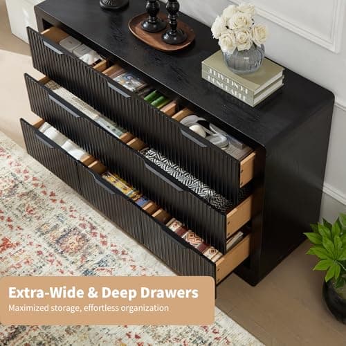 YANSNWO Black Dresser with Thickened Curved Profile Design, 52" Modern Chest of Drawers with 8 Drawers, Wooden Dresser TV Stand, Organizer for Bedroom, Living Room, Hallway - Thumbnail 6