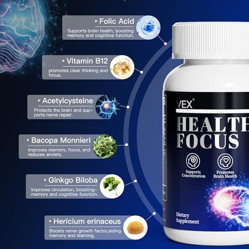 VEX Brain Supplements for Memory and Focus Contain Vitamin B12 folic Acid acetylcysteine Purslane Lion's Mane Mushroom and Ginkgo biloba extracts—for Brain Health 60 Capsules - Thumbnail 3