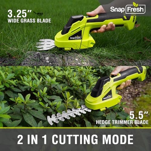 SnapFresh Cordless Grass Shear Bush Trimmer, 2 in 1 Handheld Hedge Trimmer, 7.2V Electric Grass Trimmers, Lightweight Shrubbery Trimmers Battery & Charger Included, Shrub Trimmer for Garden(Green) - Thumbnail 2