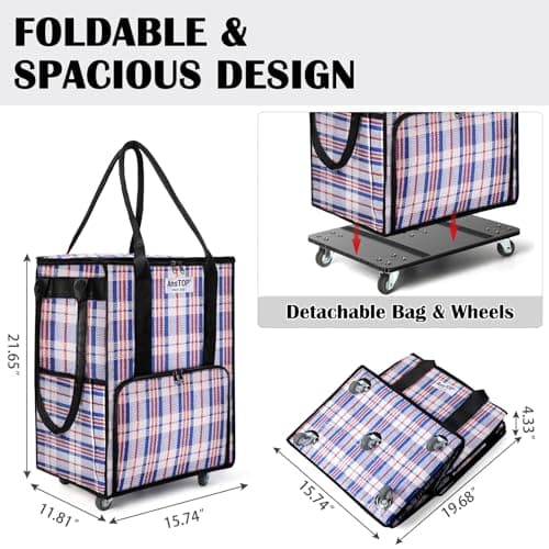 AnsTOP Reusable Grocery Bag on Wheels, 66LBS Foldable Shopping Cart with 5 Smooth Caster Wheels Zippered Top, Rolling Tote with Multiple Pockets for Groceries, Laundry, Travel, Camping,Medium,Colorful - Thumbnail 3