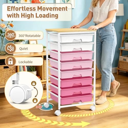 SUNALLY Rolling Storage Utility Cart With 8 Drawers, Storage Drawer Cart with Wooden Tabletop and 2 Lockable Wheels, 8 Tier Rolling Cart for Craft Art Supply Storage & Home Office Organization, Pink - Thumbnail 6