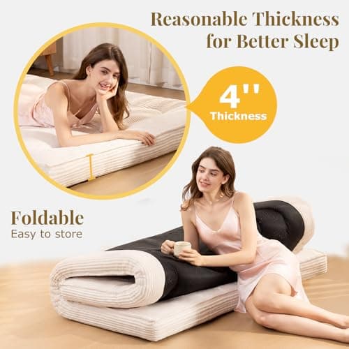 NLDD Futon Mattress Queen Size, 4" Thicken Japanese Futon Mattress Sleeping Pad, Corduroy Foldable Floor Mattress, Roll Up Tatami Mat for Adults Guest Room Bedroom, Beige - Thumbnail 5