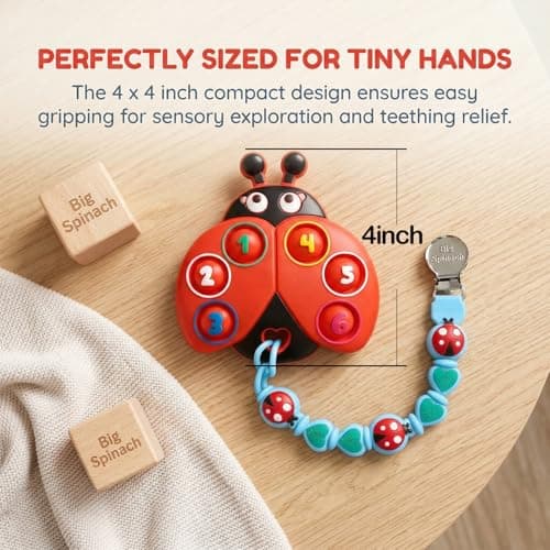 BIGSPINACH Teething Toy & Pacifier Clip Set,Ladybug Pop-It Teether & Pacifier Hold,Multi-Textured Chew Toy with Number Buttons for Early Learning, Baby Teething Relief (Red+Blue) - Thumbnail 4