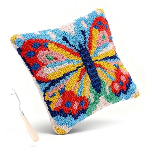 Miaceito Pre-Printed Butterfly Latch Hook Pillow Kits for Adults Beginners, DIY Latch Hook Kits Includes Wooden Hook to Make 17x17 Inch Home furnishings Sofa Decoration - Image 1
