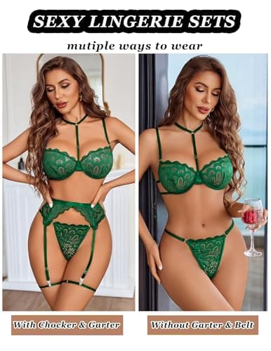 Avidlove Lingerie For Women Sexy Bra And Panty Sets With Garter Belt 3 Piece Underwire Lingeries Set Babydoll Bodysuit Green - Thumbnail 3