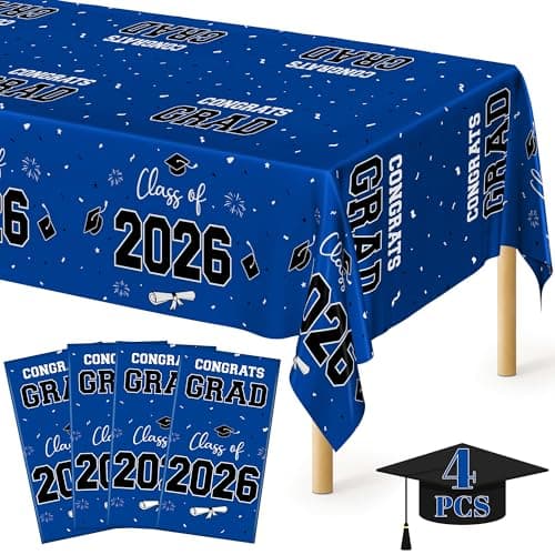 QZYL 4 Pack Graduation Tablecloth, 54" x 108" Blue Graduation Table Decorations 2026, Plastic Table Cloth for Class of 2026 Congrats Grad, Rectangle Disposable Grad Party Decorations Supplies Favors - Image 1