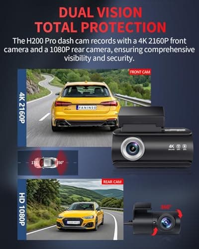 Faninso Dash Cam Front and Rear, 4K Full HD Dual Dash Camera for Cars, Built-in Memory Card Monitoring, 64GB Card, 5G WiFi GPS, Car Camera with 3" IPS Screen, 2160P Night Vision, 24H Parking Monitor - Thumbnail 2