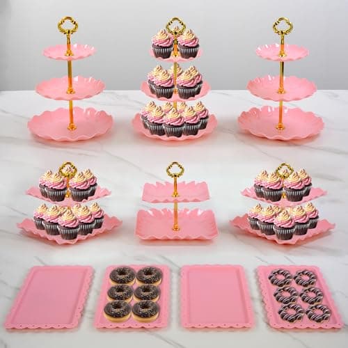 Pack of 11 NWK Cake Stand Set, with 3 x Two-Tier and 3 x Three-Tier Cupcake Stands, 4 x Appetizer Trays, 1 x Tablecloth for Birthday Bridal Baby Shower Party (Pink) - Thumbnail 2