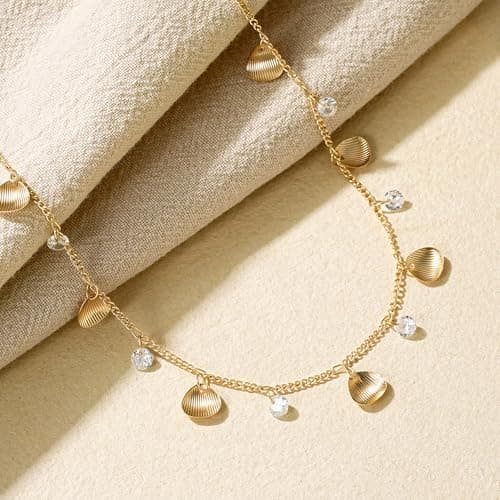 MTMY Gold Choker Necklace for Women 14K Gold Plated Cubic Zirconia Cross Heart Shell Teardrop Charm Station Choker Necklace Dainty CZ Chain Necklaces for Women Summer Jewelry Gifts(Shell) - Thumbnail 6