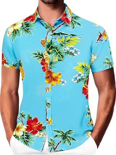 Damipow Hawaiian Shirts for Men Short Sleeve Aloha Beach Shirt Floral Summer Casual Button Down Shirts,Blue 6,XXL - Image 1