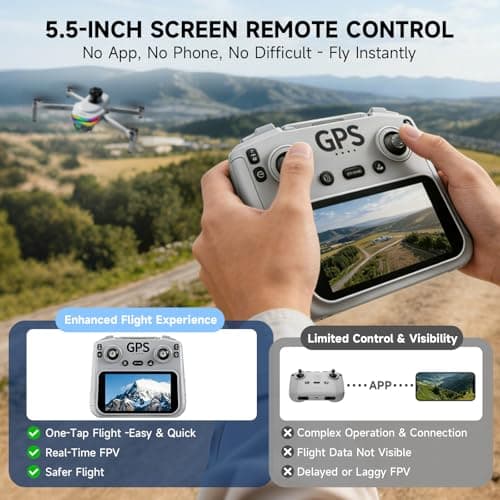 HZMOFTJ Drones With Dual Camera For Adults 4k,Gps Drone With Screen On Controller,Electric Adjustable Camera 90 °,Auto Return,Obstacle Sensing,Ai Track&Orbit Mode,50 Mins Flight,2 Battery ,For Beginner Toy Gifts - Thumbnail 2