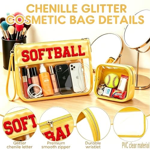 4EVERHOPE 2 Pcs Softball Gifts Cosmetic Bags, Makeup Bag With Chenille Letters, PVC Travel Toiletry Organizer for Stadium, Sports Events, Team Gifts (Softball-Yellow) - Thumbnail 3