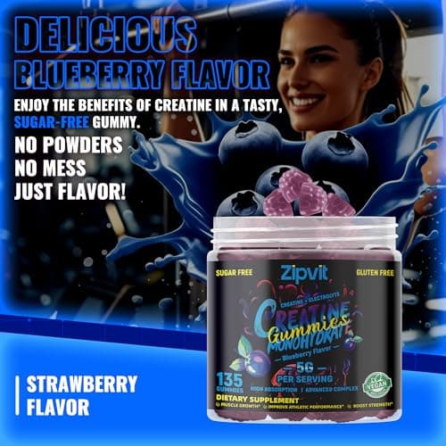 zipvit Creatine Monohydrate Gummies (5g) – Pre-Workout Energy & Muscle Growth Support for Men & Women | Blueberry Electrolyte Gummies (135 Count) - Thumbnail 4