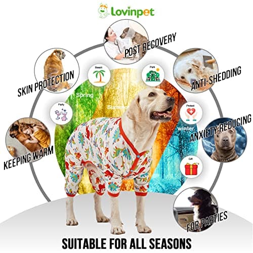 LovinPet Large Dog Pajamas, Undershirt for Dog Coats, Anti Licking, Pitbull Clothes, Pet Anxiety Calming Onesies for Dogs, White Dinos Print, Pet Pajamas for Dogs, Pitbull Shirt, 3XL - Thumbnail 5