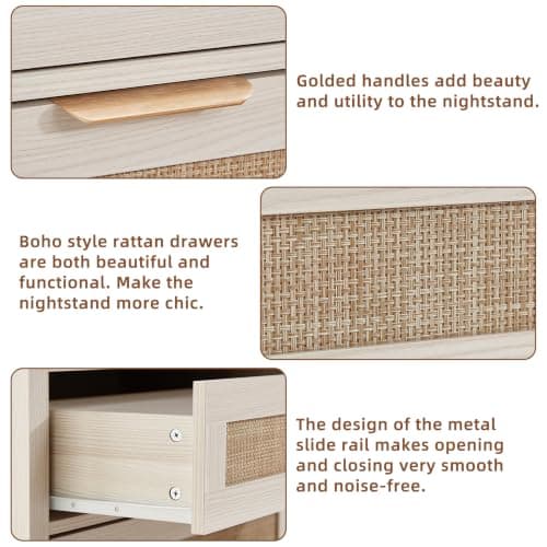 LEYAOYAO 31.5" Wide Rattan Night Stand, Large Boho Nightstand, Bedside Table with Storage, Tall Bed Side End Tables, Chest of Drawers for Bedroom, Living Room, Hallway（Grey,3 Drawers,2） - Thumbnail 4