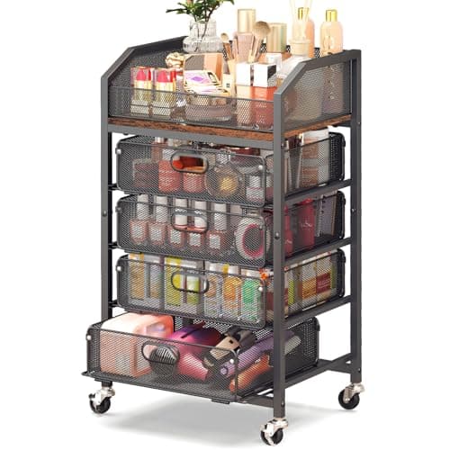 Goovilla Rolling Makeup Organizer Cart with Drawers, 5 Tier Metal Floor Skincare Vanity Organizers with Lockable Wheels, Make Up Storage Cart for Cosmetics Display, Nail Polish, Perfume, Black