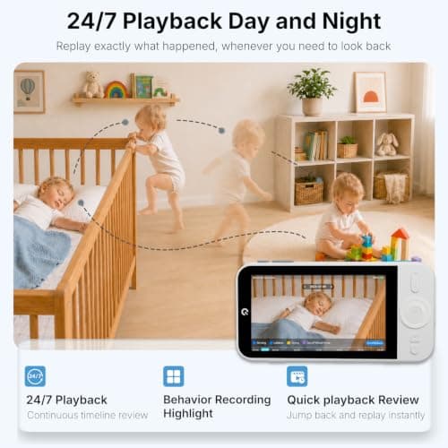 Ognee Baby Monitor with Camera and Audio, 24h Recording Playback, Baby Monitor with Crib Mount, 5" IPS 2K Display, SD Card, Remote Pan-Tilt-Zoom, 2-Way Talk, No WiFi, Night Vision, Safety Zone Alert - Thumbnail 2