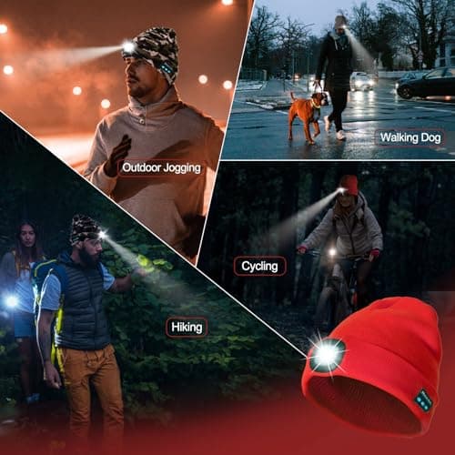 SYMNTEM Rechargeable Bluetooth Music Unisex Beanie Hat with Light for Hiking, Camping, Running, Beanie Headlamp, Gifts for Men, Women, Dad, Him, Her, Husband, Birthday Gifts for Men, Red - Thumbnail 6