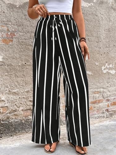 Acelitt Women Casual Striped Loose Wide Leg Pants Drawstring Elastic High Waisted 2026 Fall Fashion Relaxed Fit Beach Pants Trousers Black2 Large - Thumbnail 2