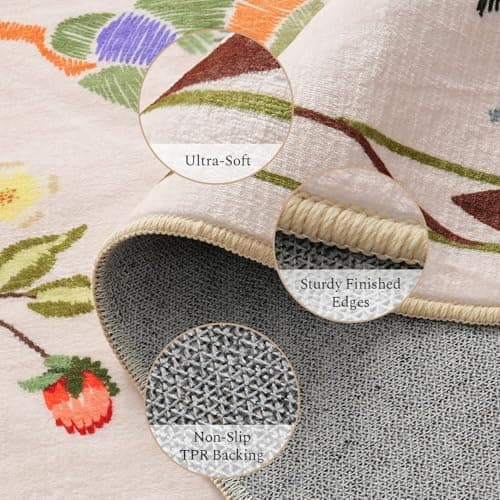 Rugflix 2x6 Runner Rug for Hallway, Washable Kitchen Runner Non Slip, Soft Low Pile Entryway Carpet, Vintage Floral Stain Resistant Long Laundry Room Rugs for Bedroom, Stairs, Beige - Thumbnail 2