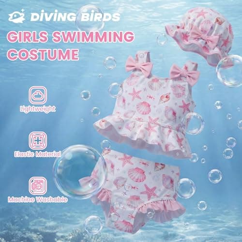 DivingBirds Baby Girls Toddler Two-Piece Swimsuit with Hat, Ruffle Bowknot Bathing Suit Swimwear Set Pink and White for 3-4 Years - Thumbnail 3