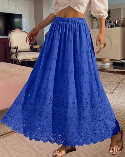dowerme Women Summer Maxi Skirt Cute Elastic High Waist Boho Eyelet A-Line Cotton Flwoy Long Skirts Spring Clothes 2026(Blue,X-Large) - Thumbnail 6