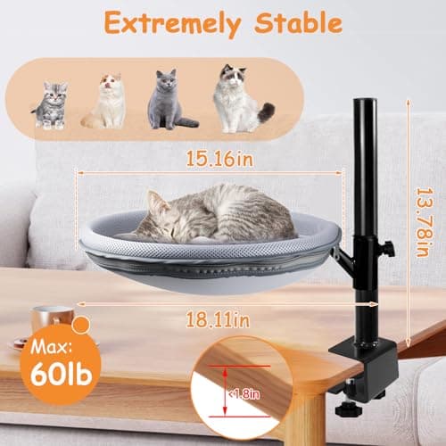 COMTAR Double Layer Large Cat Desk Bed, 360° Rotating & Adjustable Shelf, 15" Thickening Desk Mounted Cat Bed with 2 Perches Holds Up to 66lbs for Office/Home - Thumbnail 4