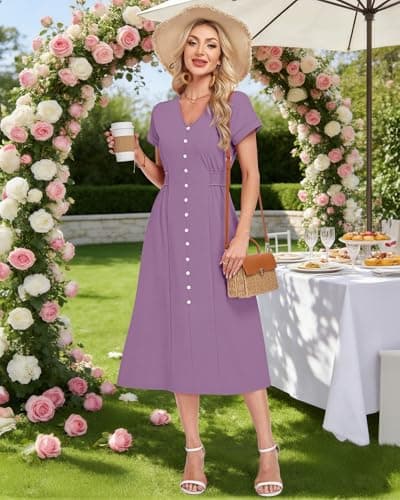 MOLERANI Womens Casual V Neck Short Sleeve Midi Dress 2026 Waffle Knit Button Elastic Waist Pockets Flowy A Line Summer Dress for Beach Vacation Resort Wear Cruise Dresses, Mauve, XL - Thumbnail 3