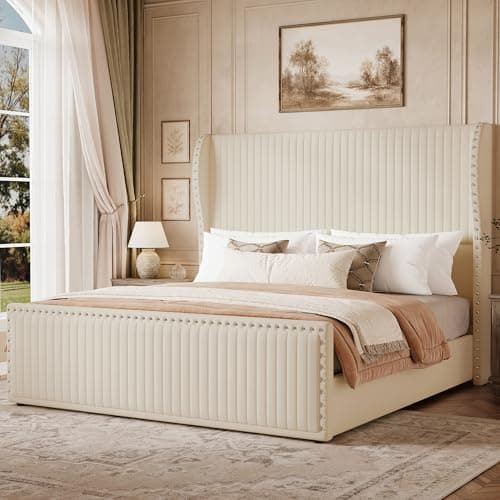 Belffin Queen Bed Frame with 55.1" Tall Headboard, Upholstered Soft Velvet Platform Bed with Nailhead Trim Wingback Design, Strong Wooden Slats, No Box Spring Needed, Noise-Free, Easy Assembly, White