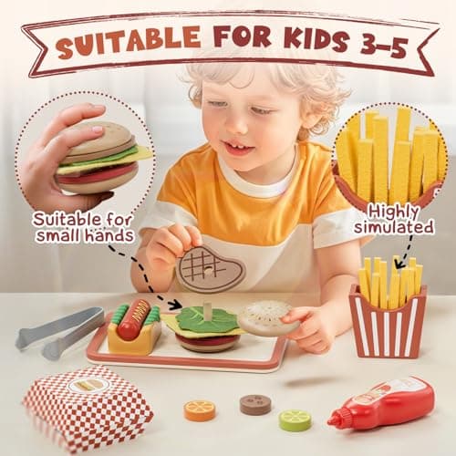 Lehoo Castle Wooden Play Food Sets, Play Hamburger Counter Shop, Toy Food for Toddlers, Play Food Sets for Kids Kitchen, Fake Food Pretend Play for Toddlers 3-5 - Thumbnail 6