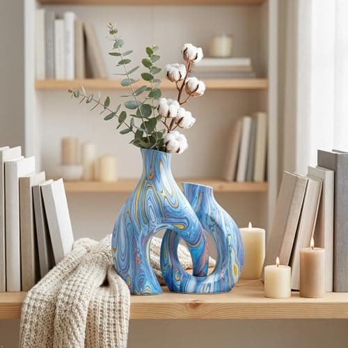 Blue Ceramic Flower Vase Set of 2, Unique Modern Decor by TZIZO - Thumbnail 4