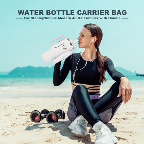 BULKITEM Water Bottle Carrier Bag with Phone Pocket for Cream Stanley 40 oz Tumbler with Handle, Cream Insulated Neoprene Cup Holder Pouch Strap for Stanley Cup Accessories - Thumbnail 2