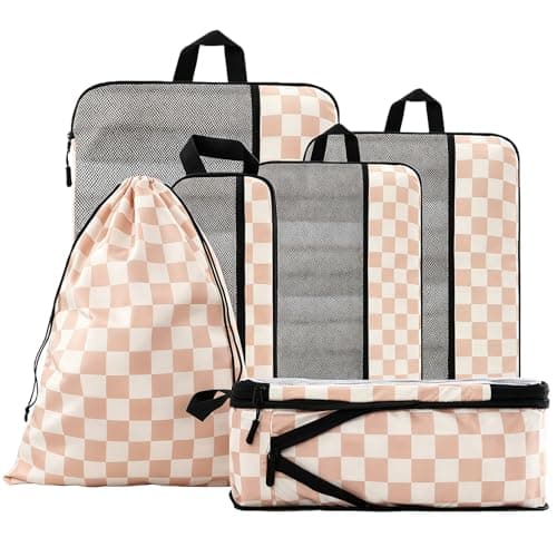 U+U 6 Set Compression Packing Cubes - Ultralight Travel Organizers with Laundry Bag, Space-Saving Suitcase Organizer for Travel, Business Trip and Family Vacation (Khaki Checkered) - Image 1