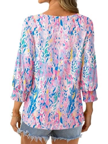 GKBK Womens 3/4 Sleeve Shirts Square Neck Dressy Casual Blouses Spring Summer Smocked Cuffs Tops - Thumbnail 4