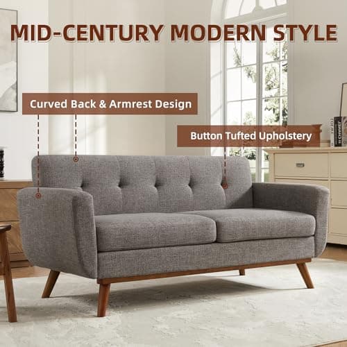 Kingfun 65.2" W Loveseat Sofa, Mid Century Modern Decor Love Seat Couches for Living Room, Button Tufted Upholstered Furniture, Solid & Easy to Install Small Couch for Bedroom Office Apartment, Grey - Thumbnail 4