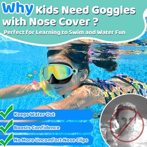 Vvinca Swim Goggles with Nose Cover, 2 Pack Wide View Diving Mask Anti-Fog UV No Leak Toddlers Swimming Goggles for Kids 3-12 - Thumbnail 2