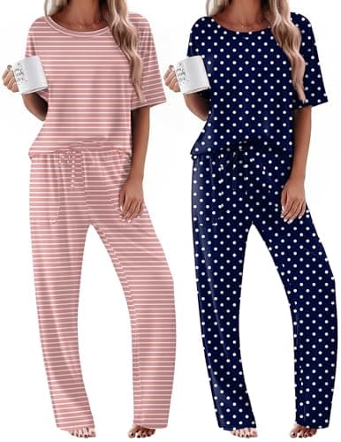 Ekouaer Loungewear Sets Woman Short Sleeve Pajamas Cute Tops and Long Pants Pjs Set Travel Outfits,XXL - Image 1