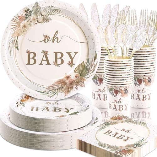 Gudvilla 168 Pcs Boho Its A Girl Baby Shower Decorations, Boho Baby Shower Plates and Cups and Napkins Sets, for Baby In Bloom Oh Baby Western Girl, Summer Fall Woodsy Rustic Neutral, Serves 24 - Image 1