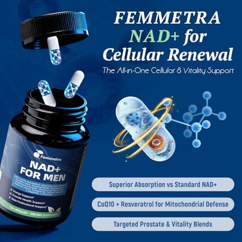 Femmetra NAD+ Supplements for Men with Saw Palmetto | All-in-One Cellular Energy, Prostate Support & Nitric Oxide Supplement with Resveratrol, L-Arginine | Non-GMO, 120 Capsules - Thumbnail 3