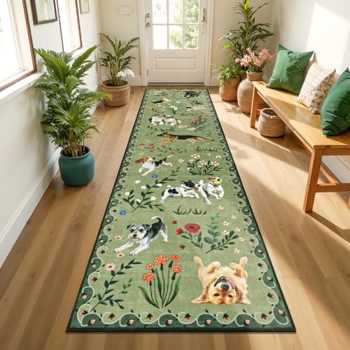 LOKHOM Hallway Runner Rug 2x8 Washable Animal Dog Print Linen Kitchen Rug with Rubber Backing, Non Slip Low Pile Soft Boho Floral Carpet for Entrance Laundry Bedroom, Green - Image 1
