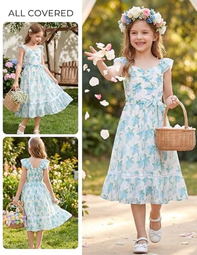 GRACE KARIN Girls Dresses Size 8, Floral Spring Dress for Girls 7-8, Easter Flower Girl Dresses for Wedding Party, Flutter Sleeve Maxi Holiday Dress for Little Girls - Thumbnail 2