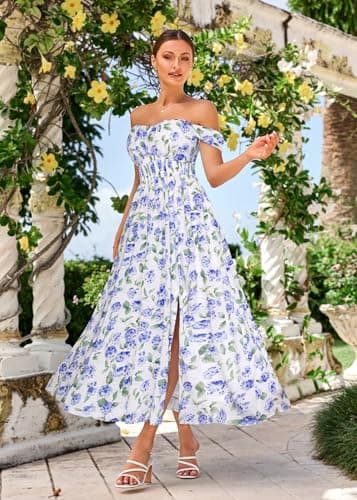 GRACE KARIN Summer Floral Dress for Women 2026,Off the Shoulder Smocked Bridesmaid Dresses,Formal Baby Shower Maxi Dresses White Blue Hydrangea L - Thumbnail 2