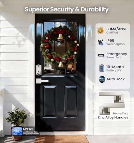 Veise VE017-B Fingerprint Smart Lock for Front Door, App Control, 8-in-1 Keyless Entry Deadbolt with 2 Zinc Alloy Lever Handles Set, Emergency Power Port, Auto Lock, Electronic Keypad, Satin Nickel - Thumbnail 5