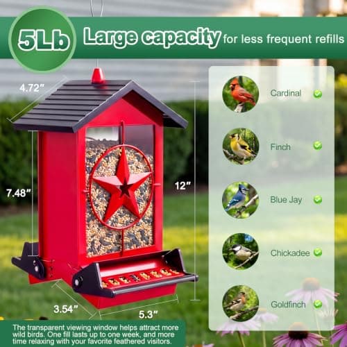 Squirrel Proof Bird Feeders for Outdoors with Weight-Activated, Metal 5LB Large Wild Bird Feeders for Cardinals,Blue Jay,Finch, Weatherproof Durable Hanging Bird Feeder for Backyard,Garden (Red) - Thumbnail 4