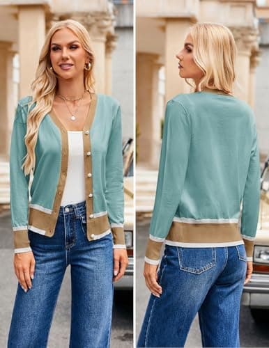 GRACE KARIN Women's Button Down Long Sleeve V Neck Cotton Knit Cropped Cardigan Sweater Spring Summer Fashion Clothes Striped Sweater (2XL,Contrsat-Blue) - Thumbnail 2